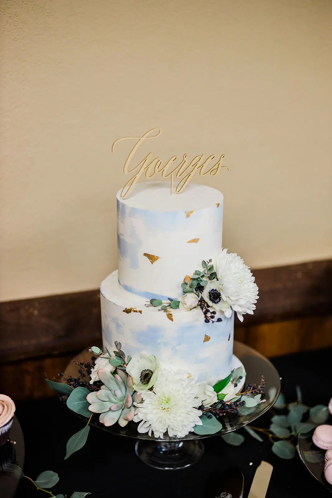 Wedding cake — blue watercolor with gold leaf, anemones, and succulents — Tim Larsen Photography, Brainerd Lakes MN