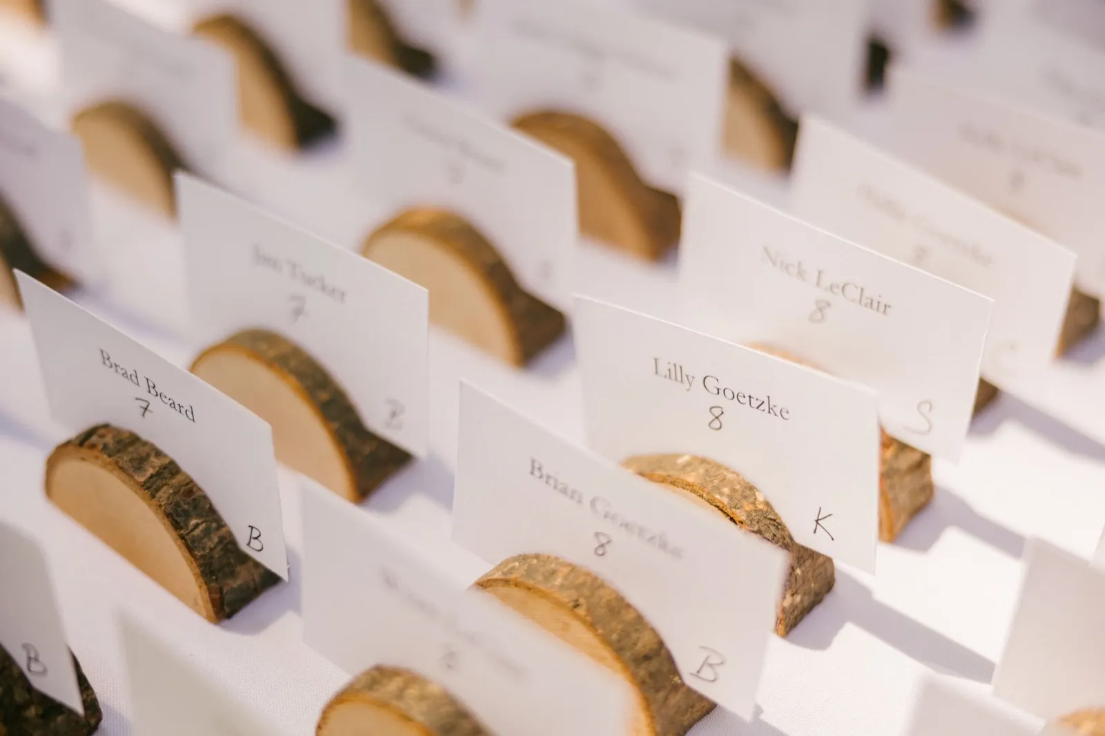 Rows of paper escort cards held upright in sliced birch log holders rest on a white tablecloth. — Tim Larsen Photography, Brainerd Lakes MN