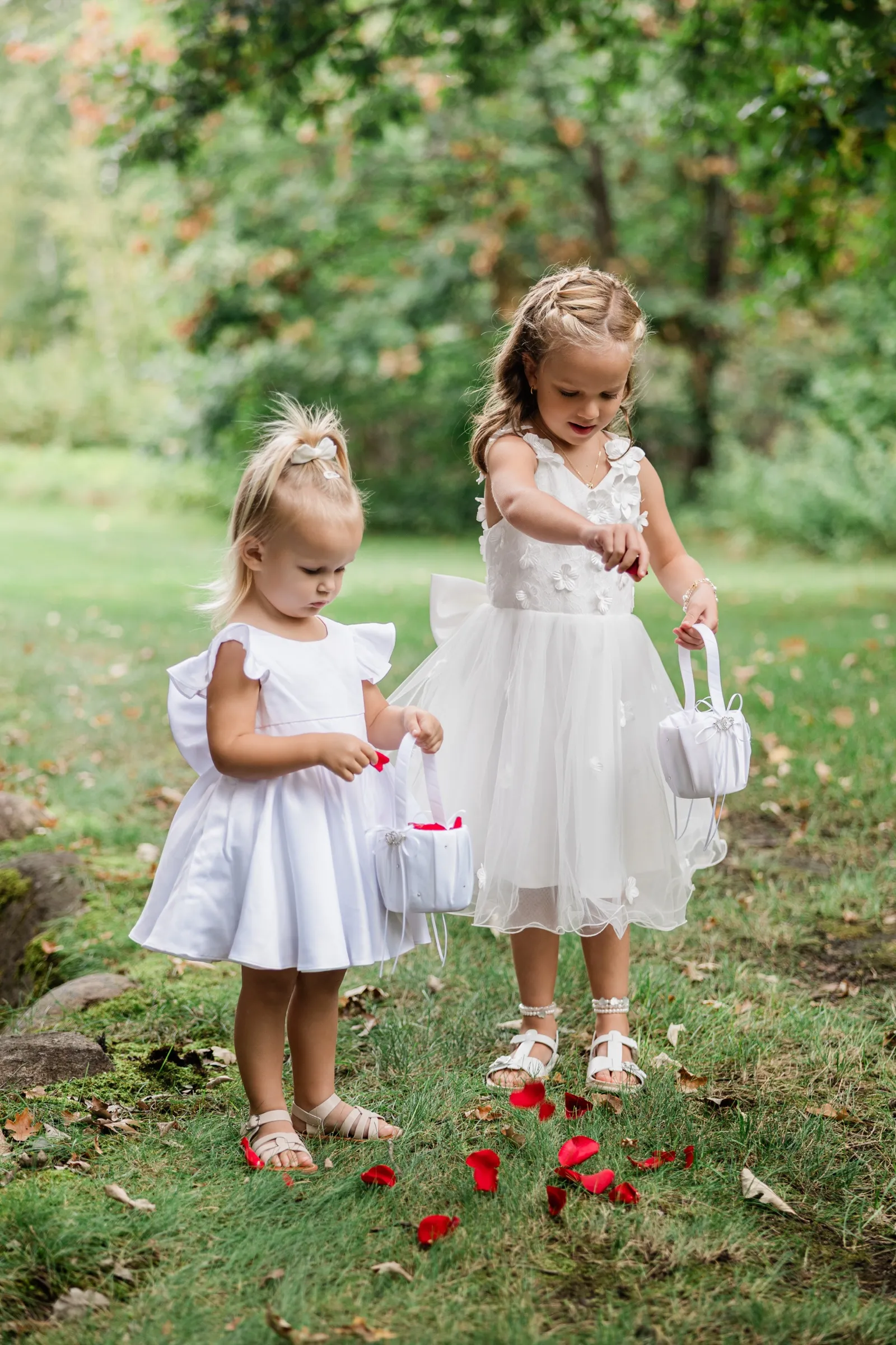 Two small flower girls in white dresses drop red rose petals onto the grass, the older one mid-toss and the younger one studying a single petal in her hand. — Tim Larsen Photography, Brainerd Lakes MN