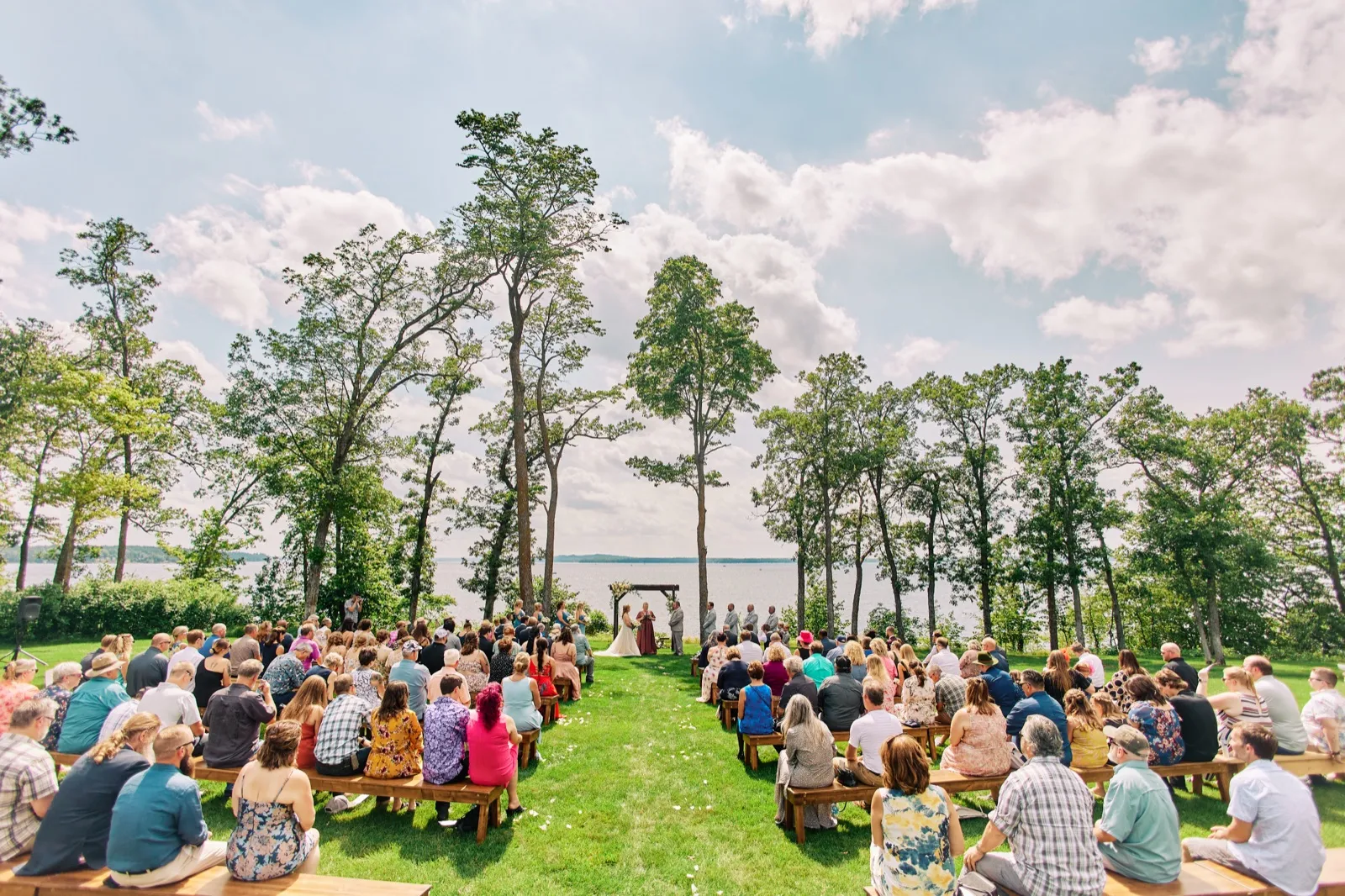 A wide view of an outdoor ceremony on a lakeside lawn, with guests seated on wooden benches flanking a grass aisle that leads to the couple beneath an arch with Gull Lake and tall trees behind them. — Tim Larsen Photography, Brainerd Lakes MN
