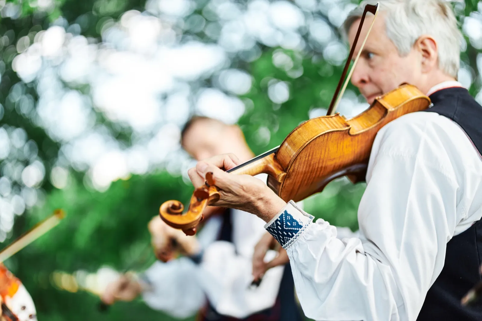 A violinist in a white shirt with embroidered cuffs plays during an outdoor wedding ceremony, with a second musician softly out of focus behind him. — Tim Larsen Photography, Minnesota