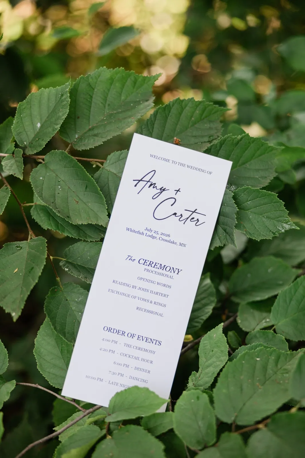 A ceremony program printed in navy with Amy and Carter's names stands propped among large green leaves — Tim Larsen Photography, Brainerd Lakes MN
