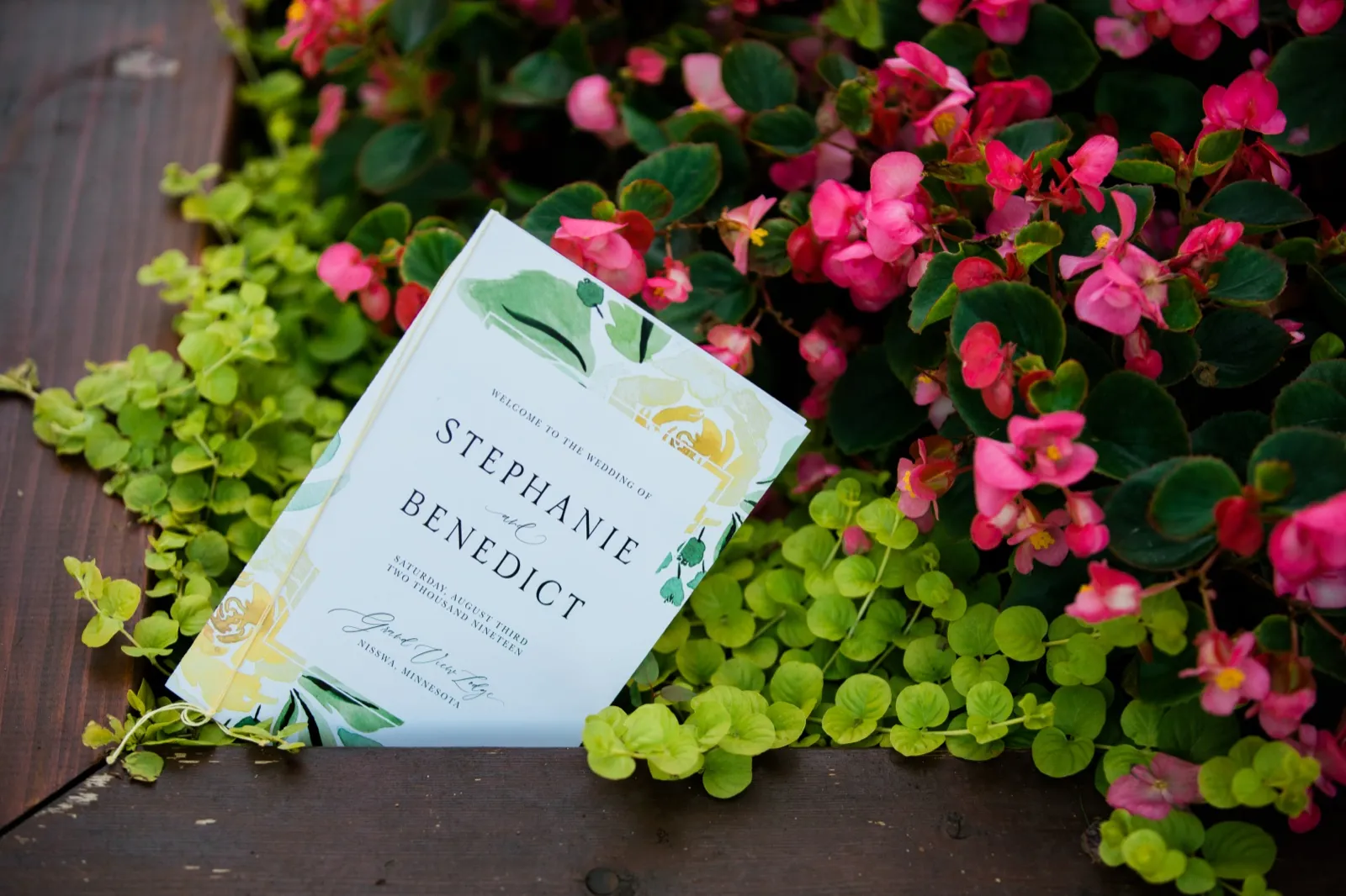 A watercolor wedding program for Stephanie and Benedict rests against bright pink begonias in a wooden garden planter at Grand View Lodge in Nisswa, Minnesota. — Tim Larsen Photography, Brainerd Lakes MN