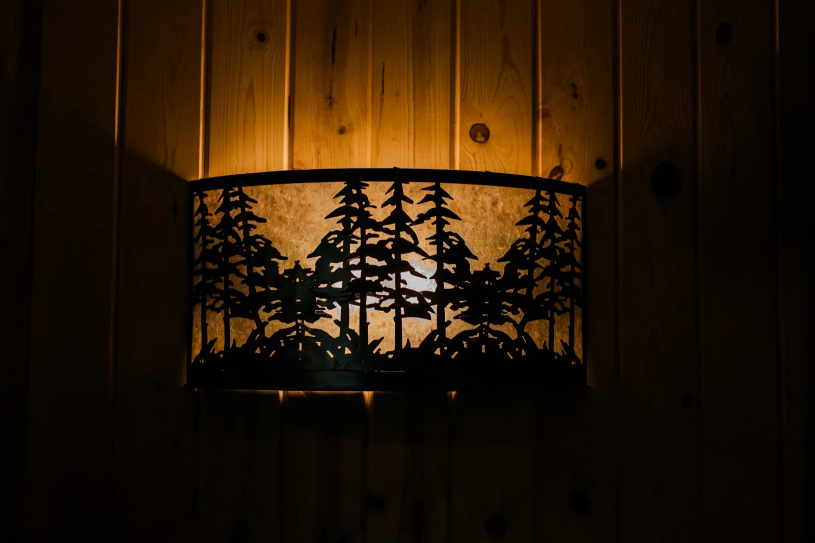 A pine-tree silhouette decorates a warm wall sconce against wood paneling at Whitefish Lodge — Tim Larsen Photography, Brainerd Lakes MN
