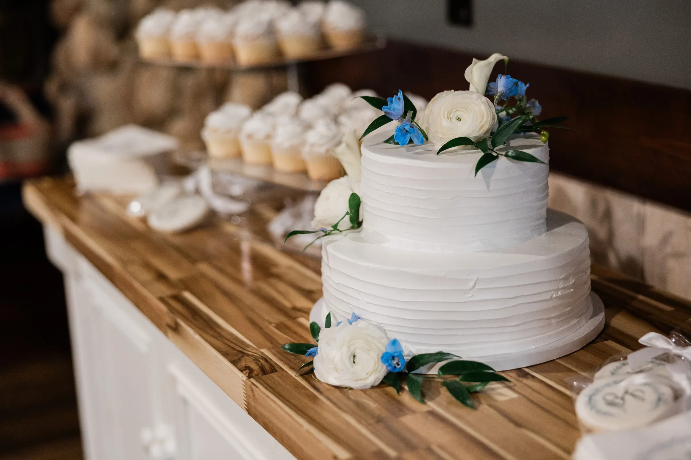 A two-tier white wedding cake decorated with blue and white flowers beside trays of cupcakes — Tim Larsen Photography, Brainerd Lakes MN