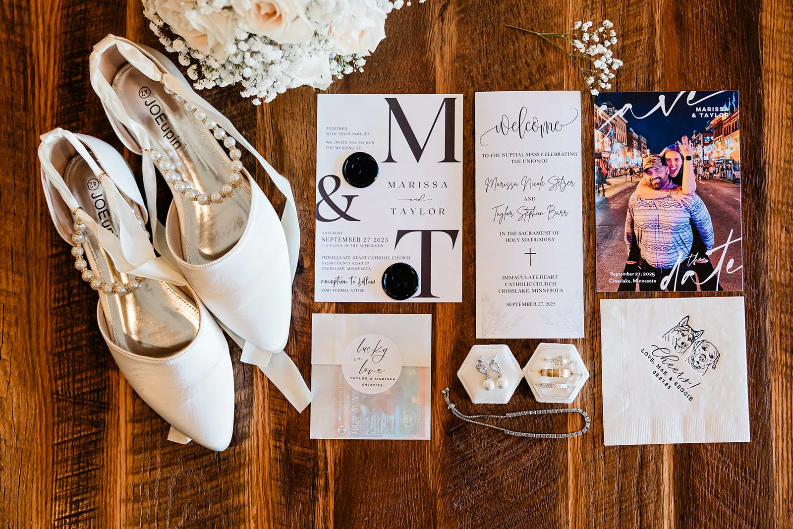 Wedding invitation suite flat lay with gold shoes and rings — Tim Larsen Photography, Brainerd Lakes MN