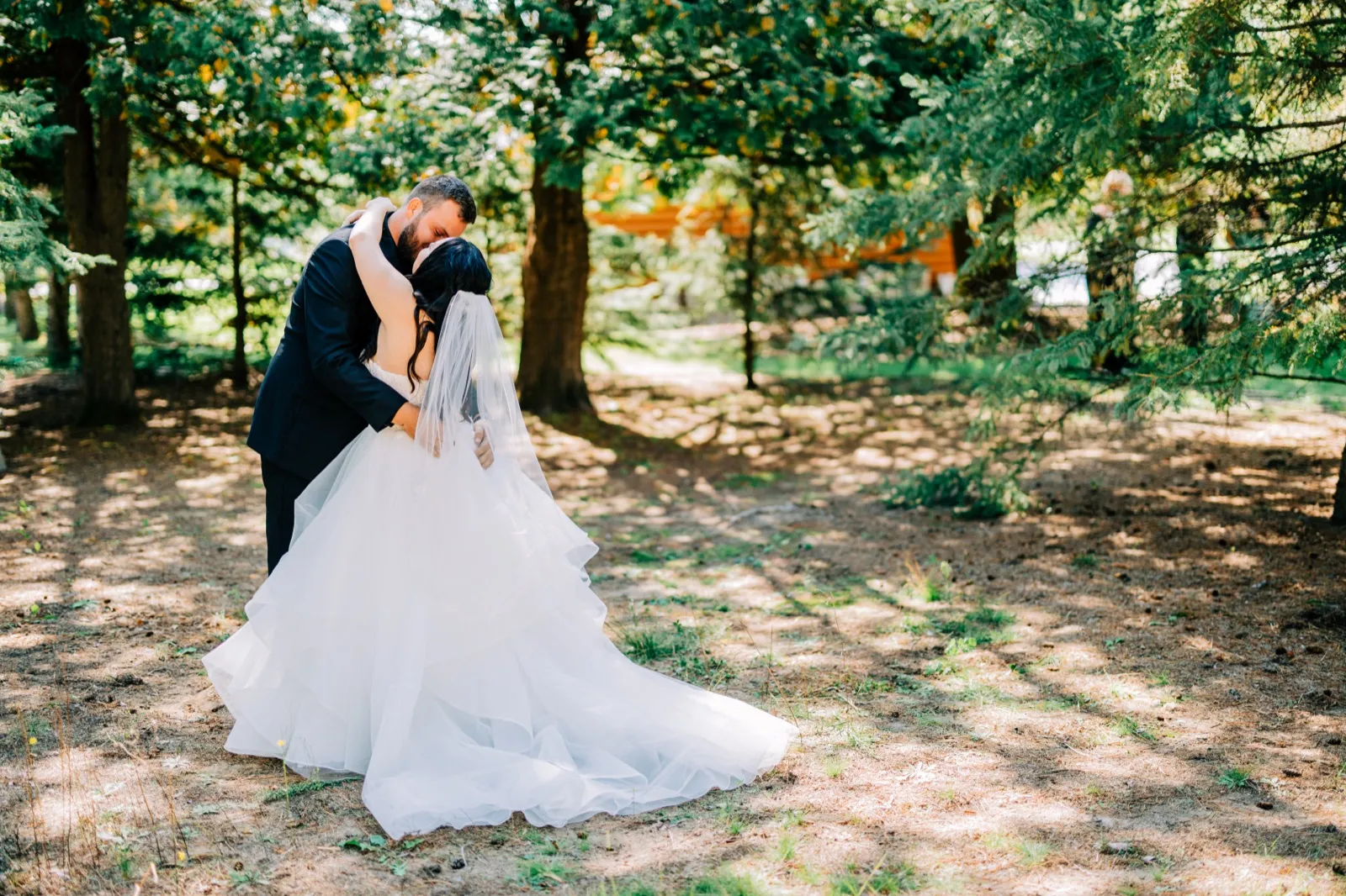 Taylor and Charles embrace in a clearing among evergreen trees, with her veil and full tulle gown trailing across the forest floor. — Tim Larsen Photography, Brainerd Lakes MN