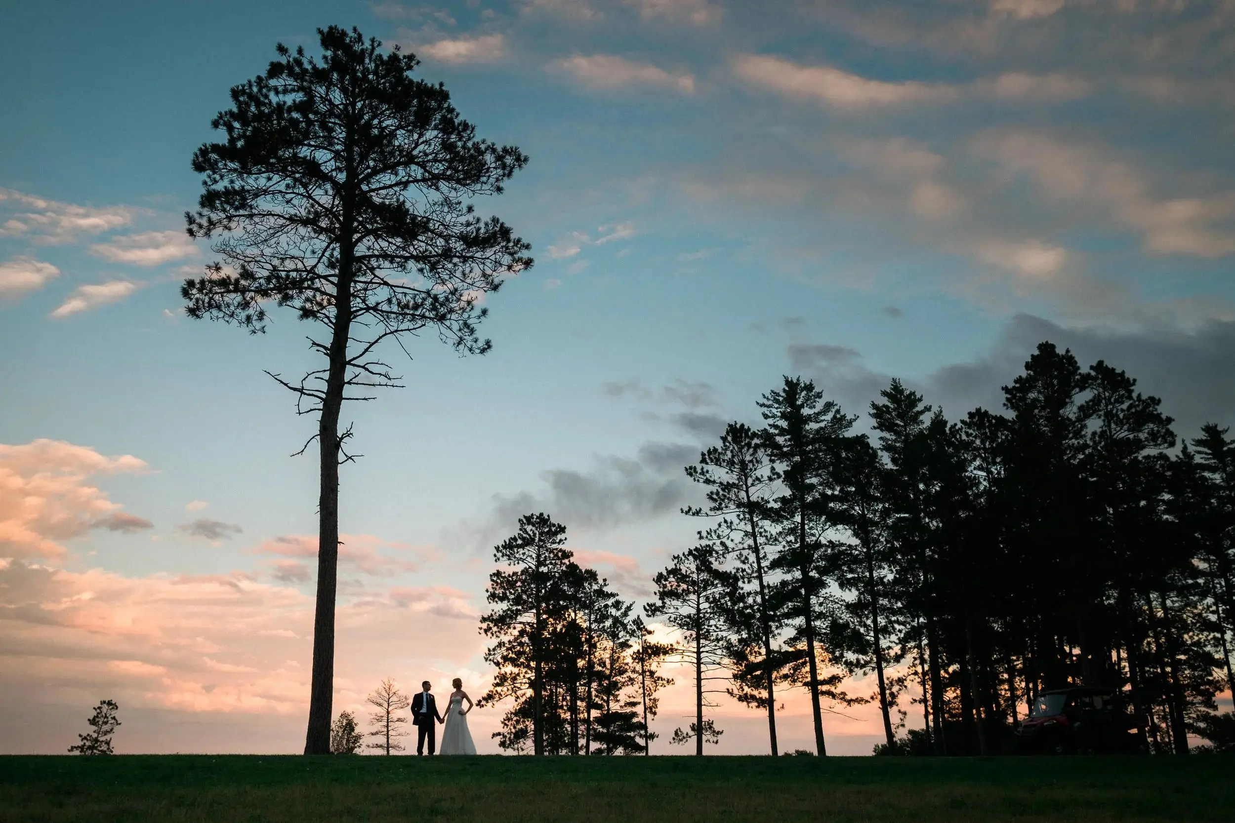 Couple small beneath a single tall pine at dusk, wide Brainerd Lakes sky — Tim Larsen Photography, Brainerd Lakes MN