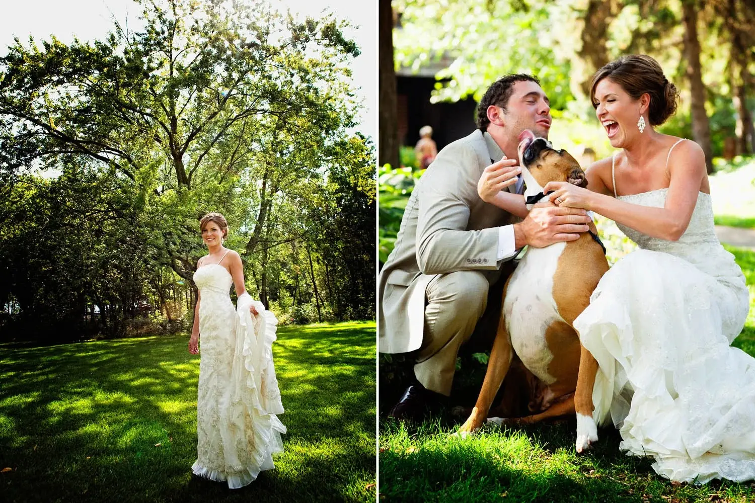 Diptych — bride alone in a forest dress, then the couple laughing with their dog — Tim Larsen Photography, Brainerd Lakes MN