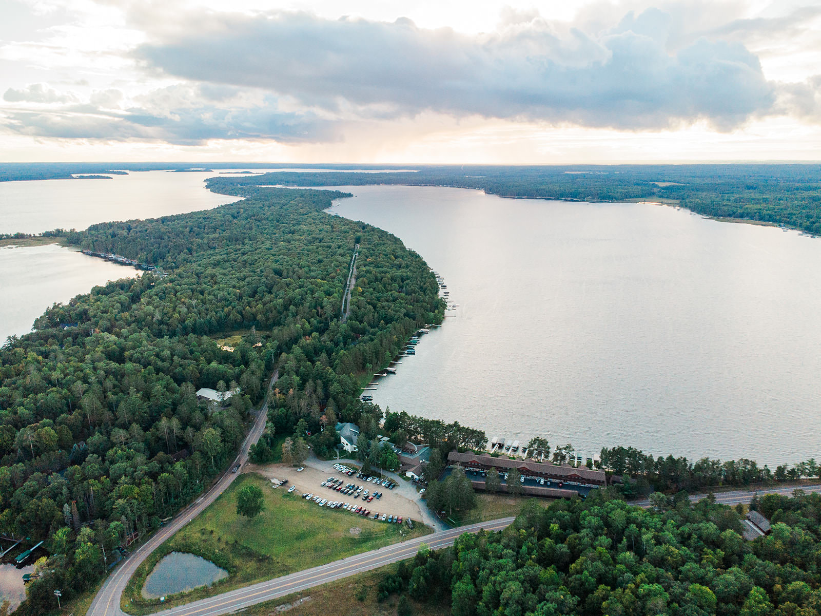 Aerial view of Manhattan Beach Lodge peninsula on Big Trout Lake at dusk — Tim Larsen Photography, Brainerd Lakes MN
