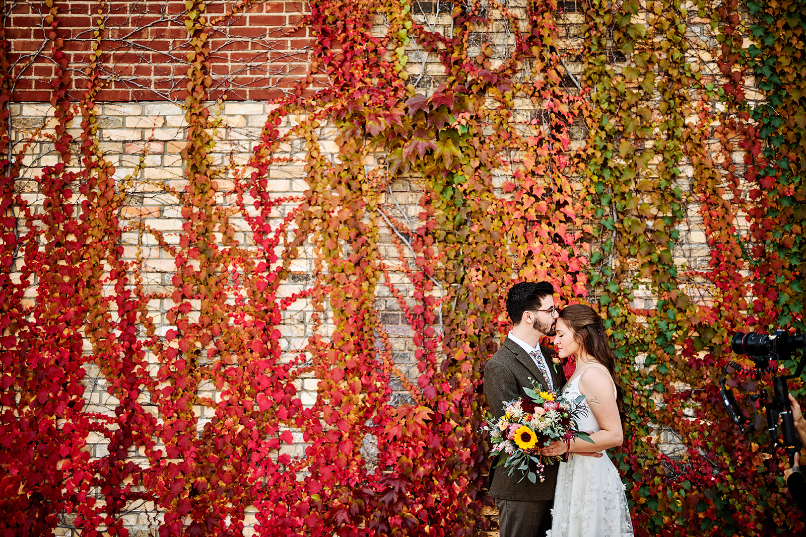 Couple kissing against the red ivy wall at Northern Pacific Center — fall color — Tim Larsen Photography, Brainerd Lakes MN