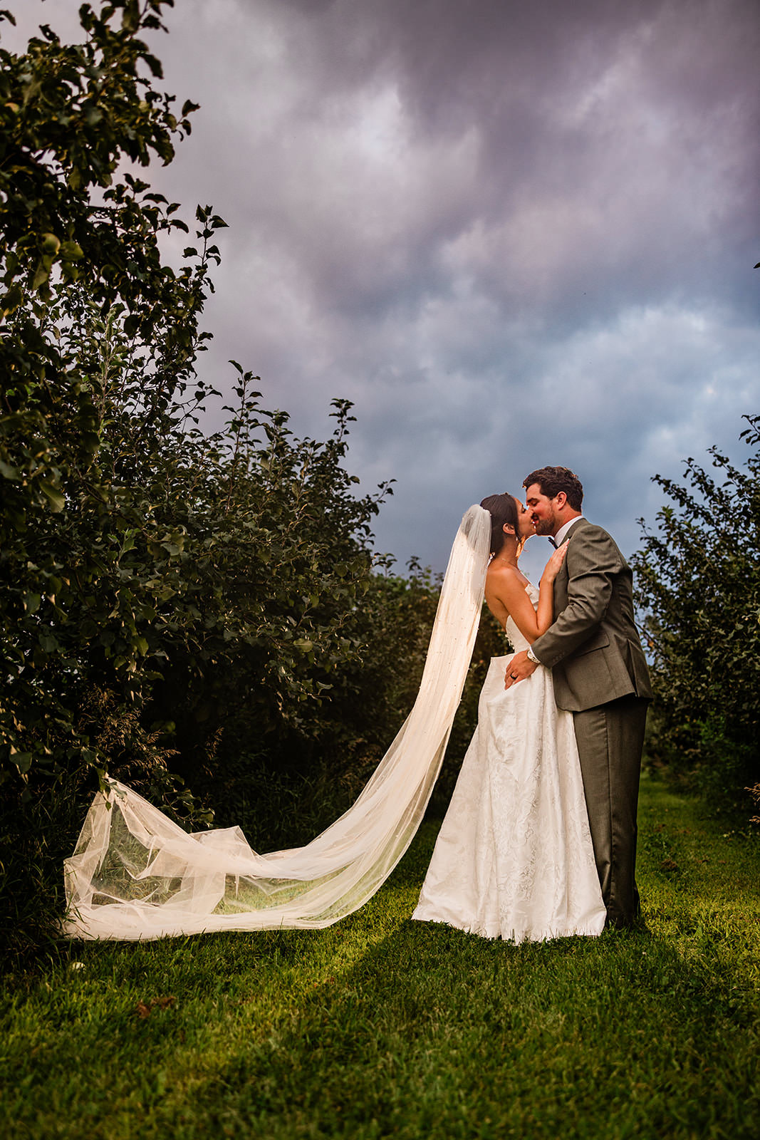 Couple kissing in an apple orchard with dramatic storm clouds and cathedral veil — Tim Larsen Photography, Brainerd Lakes MN
