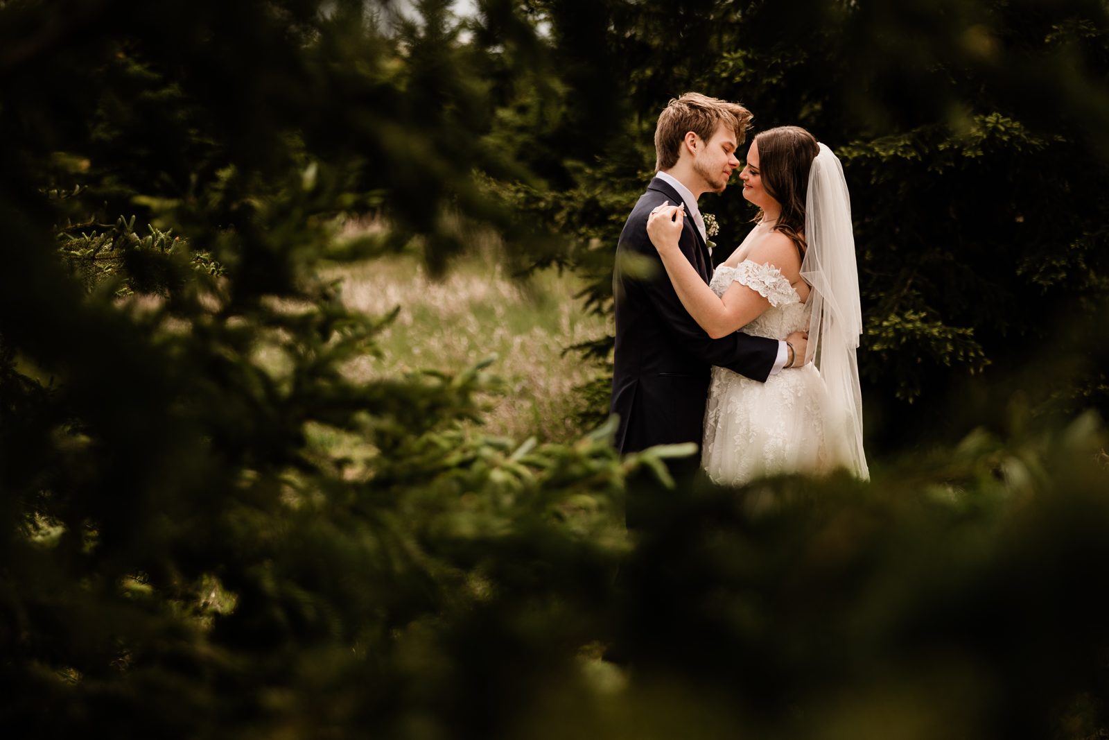 Foreground evergreen branches frame couple in distant meadow clearing. — Tim Larsen Photography, Brainerd Lakes MN