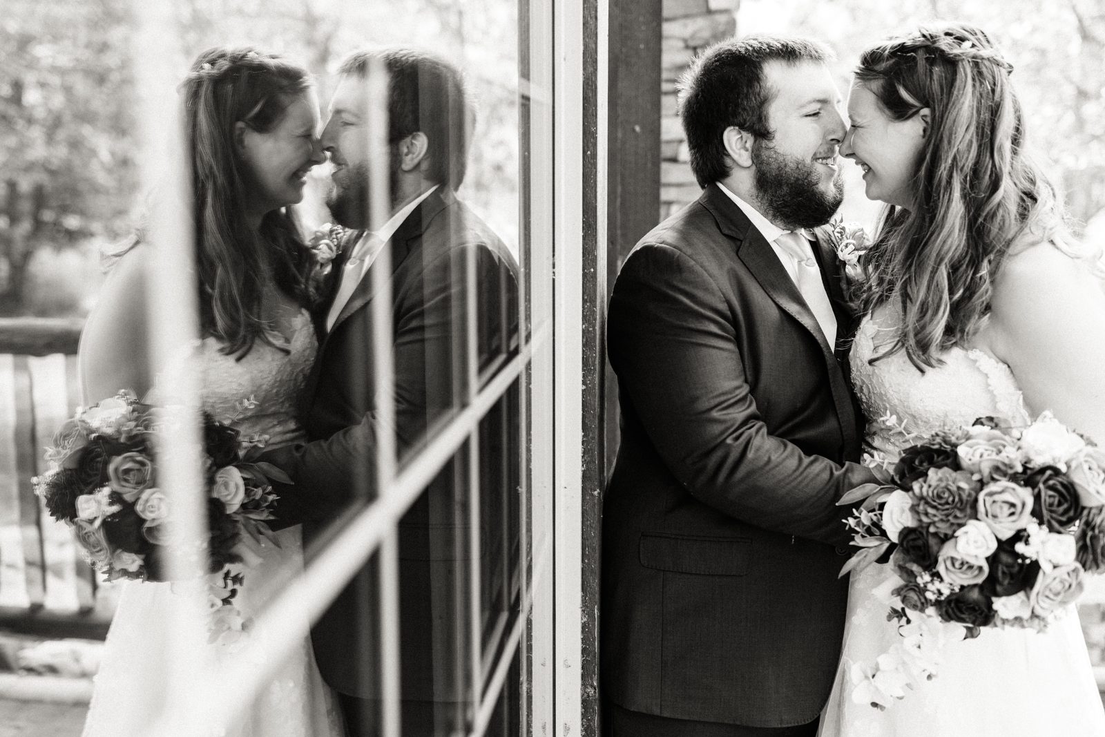 Diptych effect from window reflection doubles the couple side by side. — Tim Larsen Photography, Brainerd Lakes MN