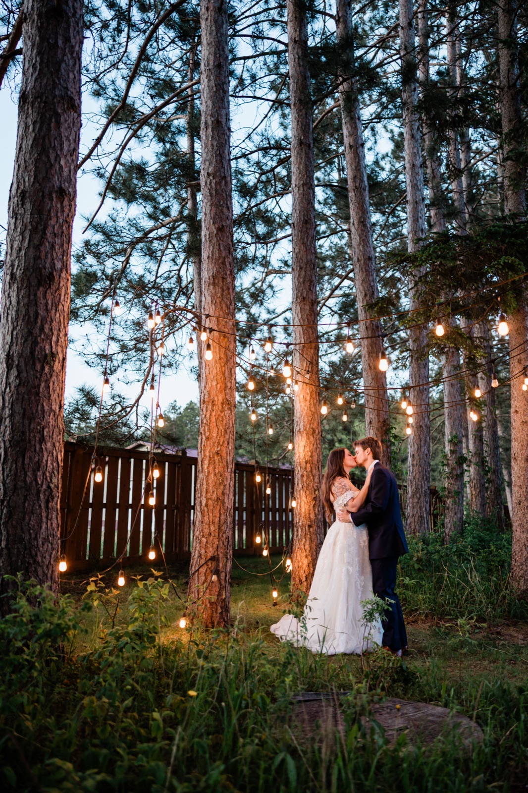 The couple kissing beneath Edison bulbs strung through the pines at dusk — Tim Larsen Photography, Brainerd Lakes MN