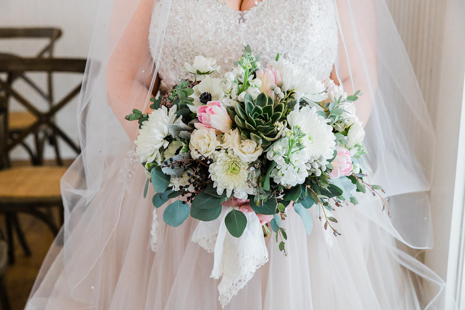 Bridal bouquet detail — white dahlias, succulents, pink roses, and eucalyptus — Tim Larsen Photography, Brainerd Lakes MN