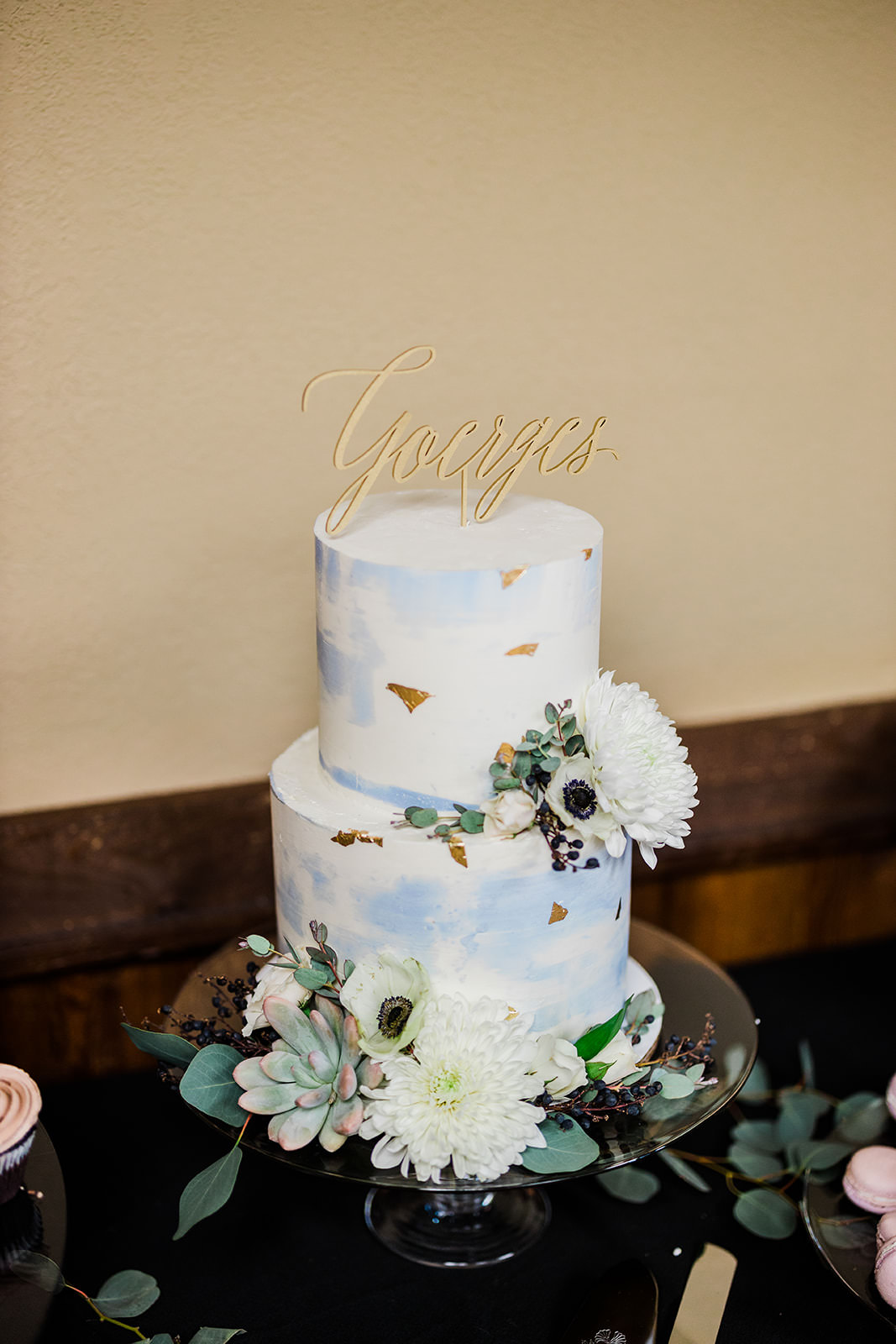 Wedding cake — blue watercolor with gold leaf, anemones, and succulents — Tim Larsen Photography, Brainerd Lakes MN