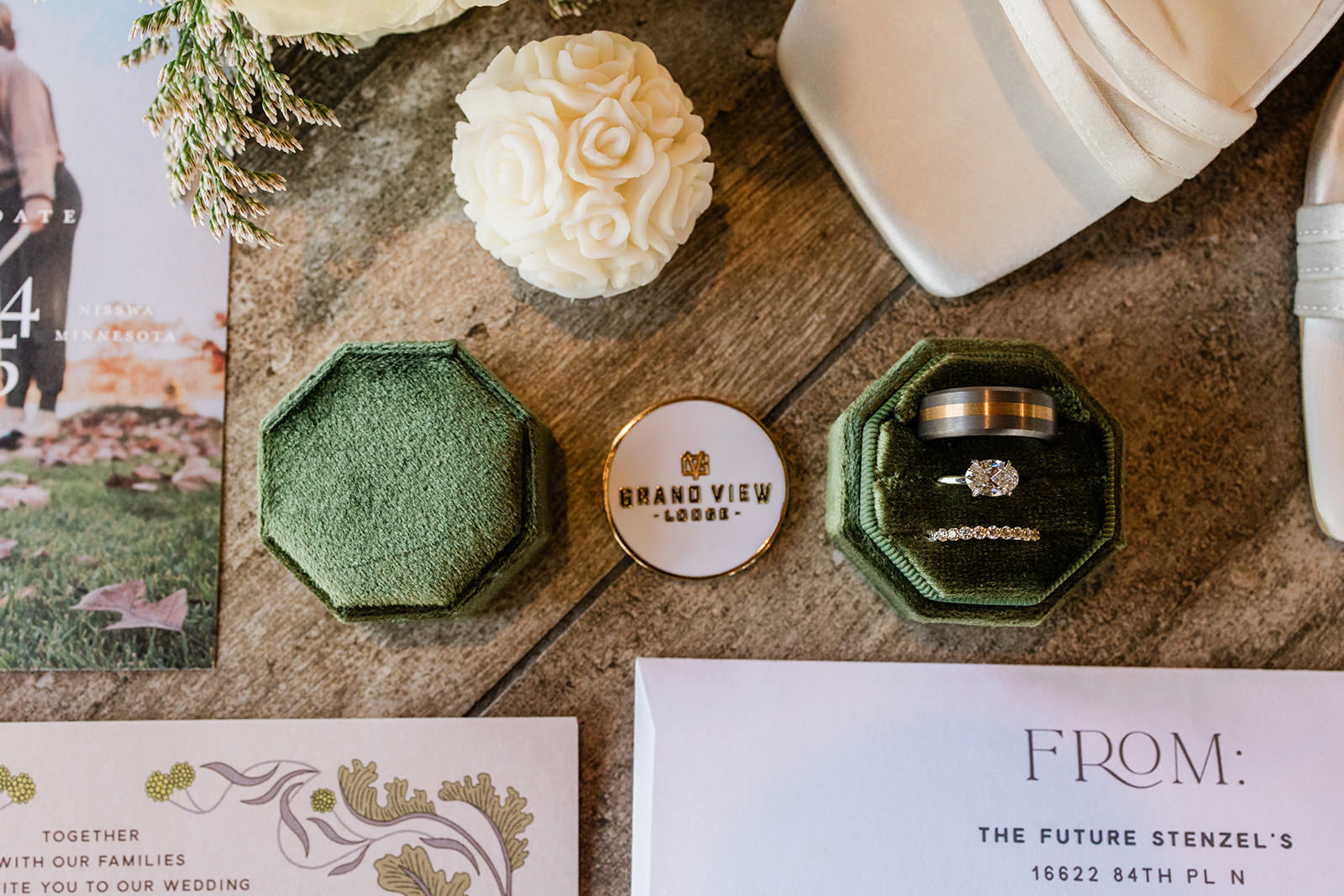 Wedding details flat lay with Grand View Lodge ring box and invitation — Tim Larsen Photography, Brainerd Lakes MN
