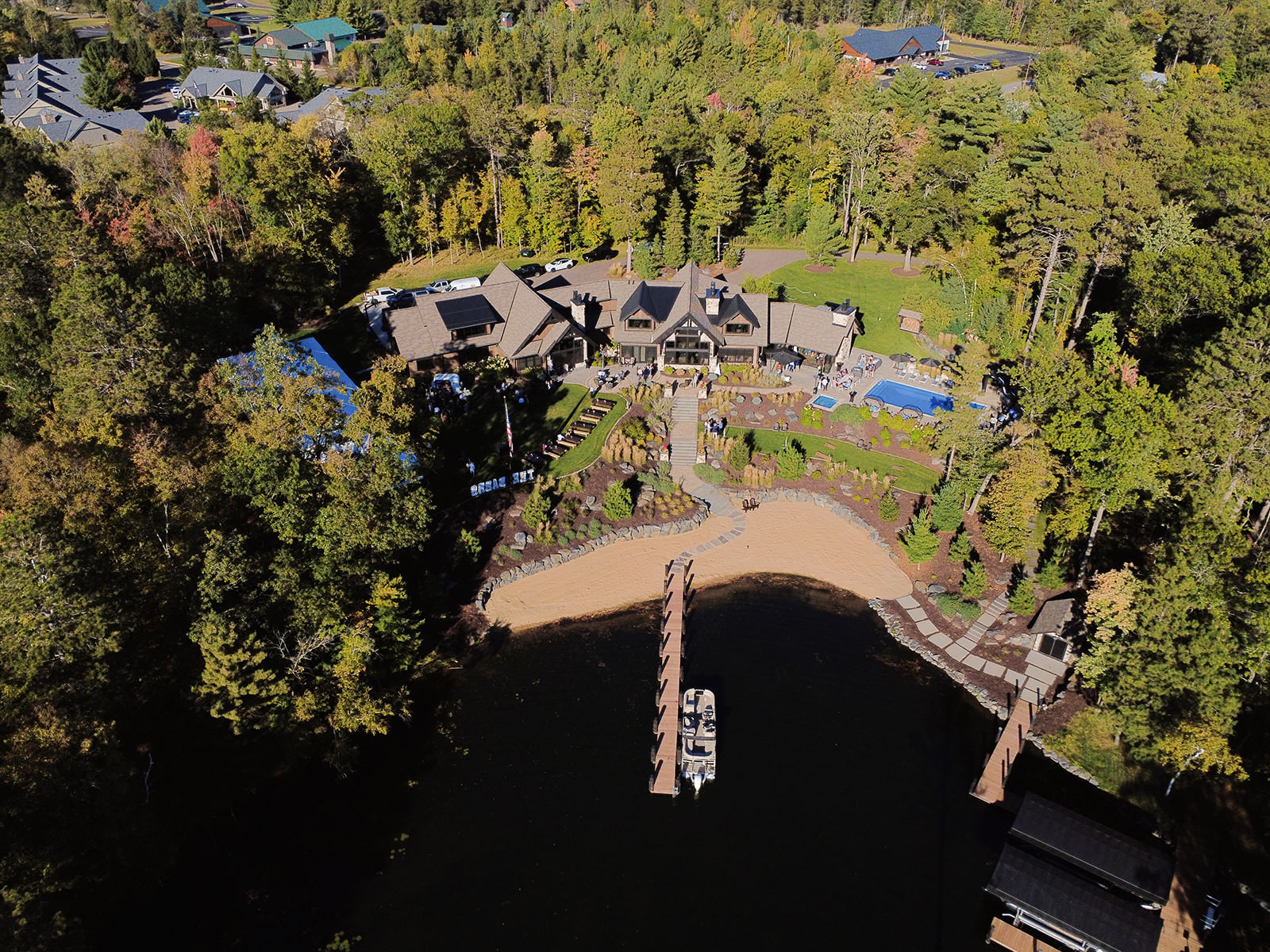 Aerial view of The Cove on Whitefish Lake — private lakeside estate in Crosslake, MN