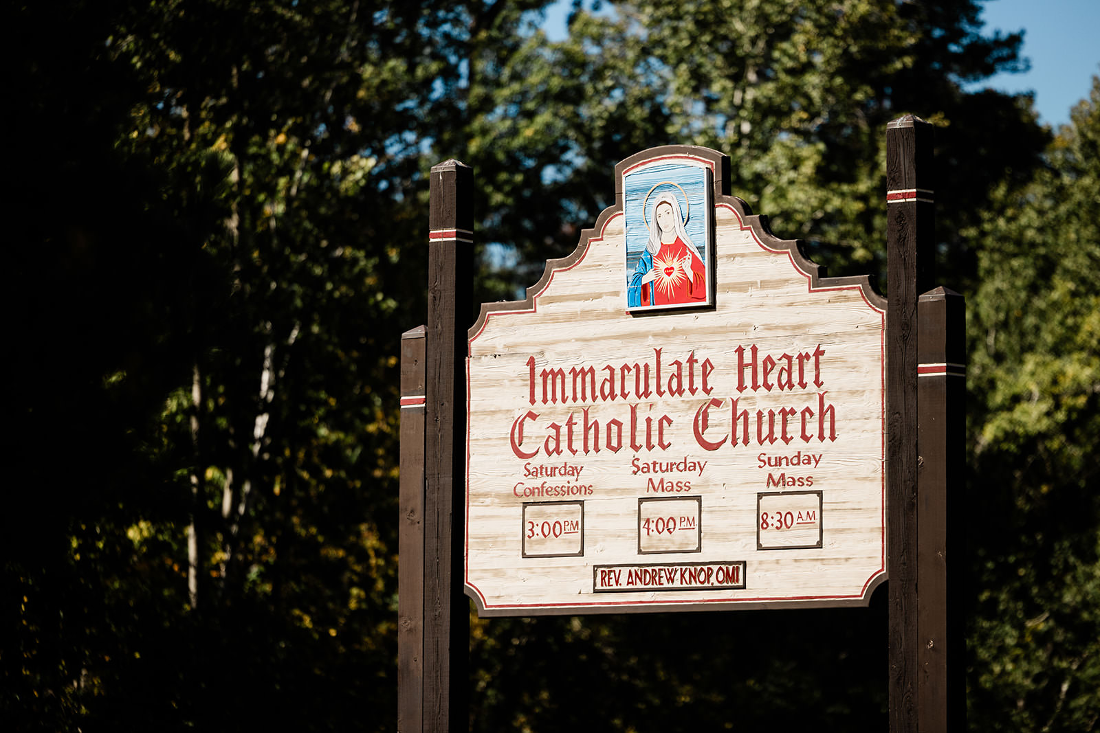 Immaculate Heart Catholic Church sign — Crosslake, MN