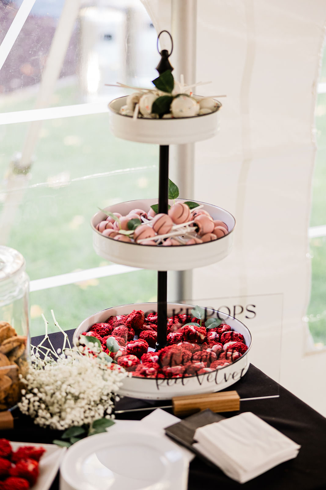 Dessert table with bundt cake, macarons, and cake pops — Tim Larsen Photography, Brainerd Lakes MN