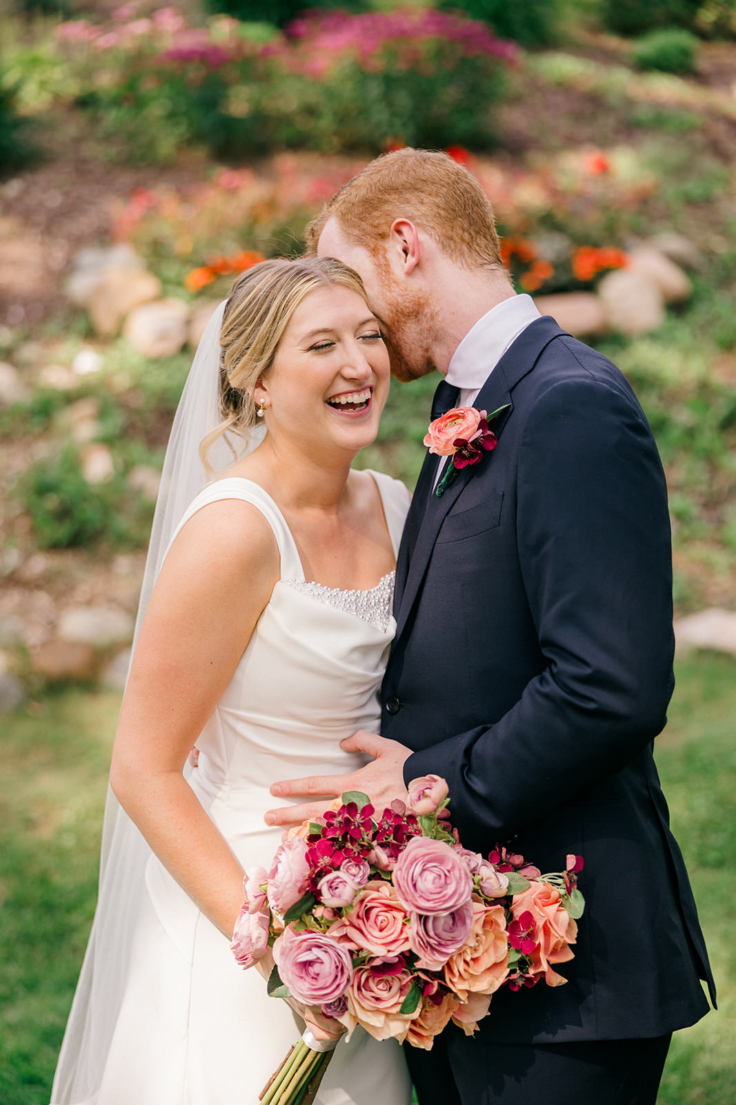 Groom whispering to bride and she's laughing — editorial portrait at Grand View Lodge — Tim Larsen Photography, Brainerd Lakes MN