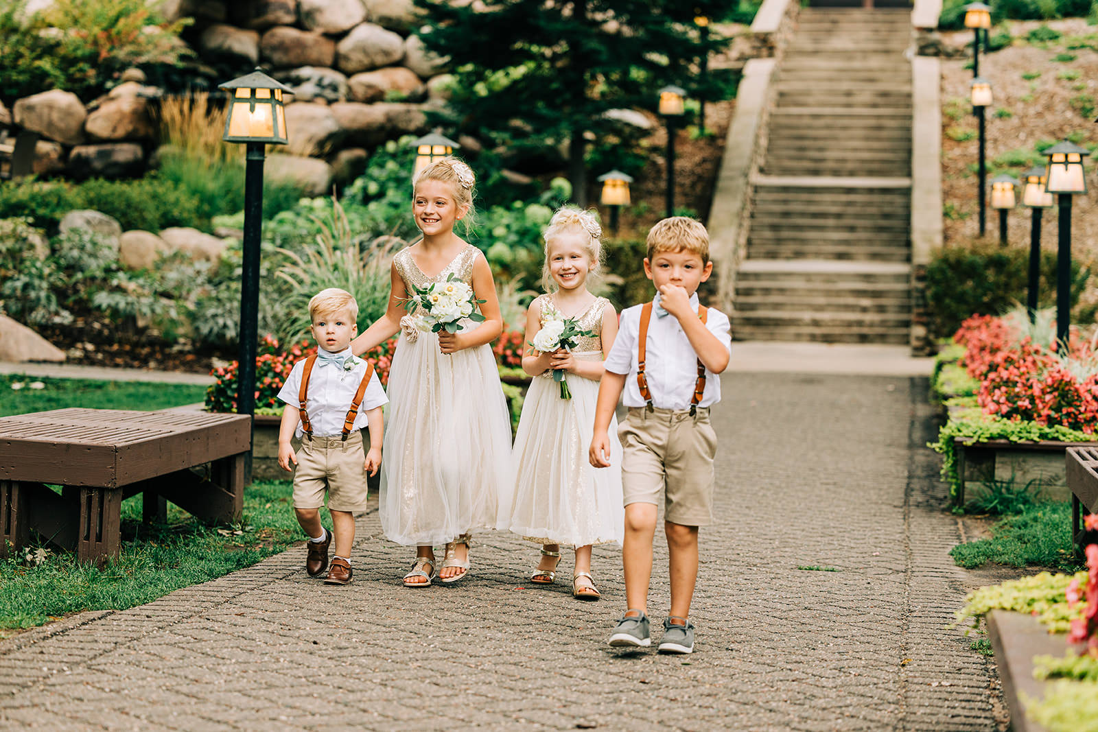 Flower girls and ring bearers walking down the aisle — Grand Staircase at Grand View Lodge — Tim Larsen Photography, Brainerd Lakes MN