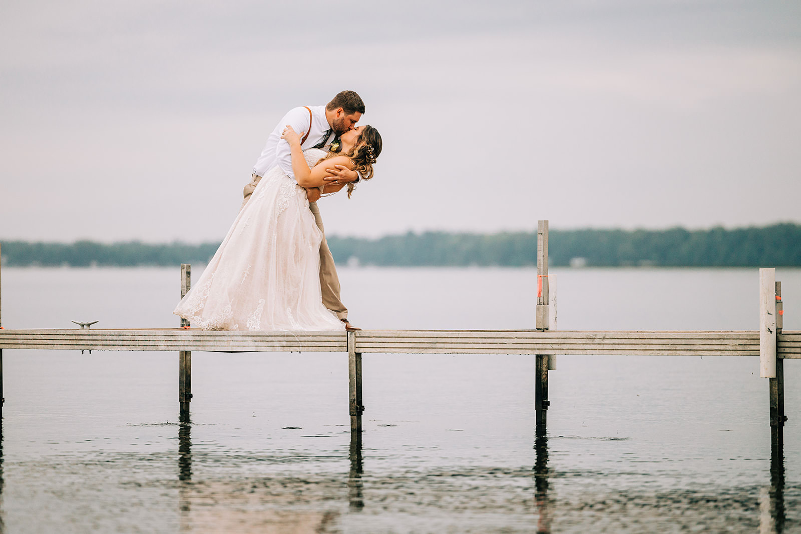 Dip kiss on the dock — Shannon and Jon on Gull Lake at Grand View Lodge — Tim Larsen Photography, Brainerd Lakes MN