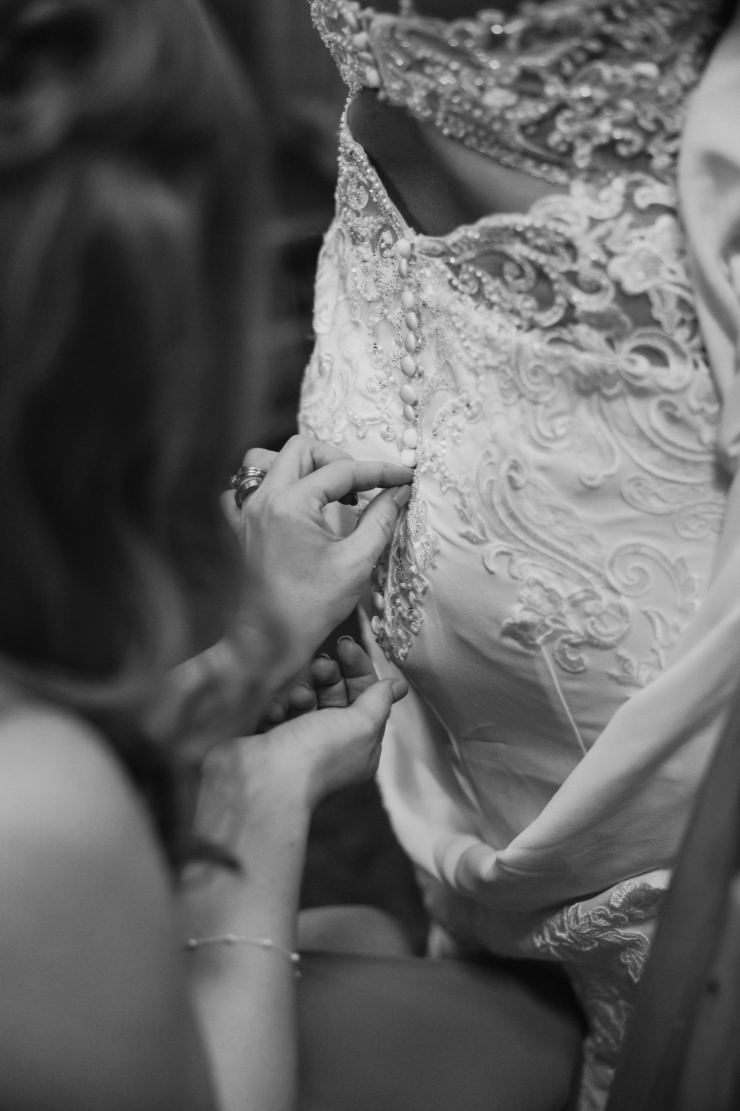 Black-and-white close-up of two bridesmaids' hands carefully fastening the row of small buttons down the back of the bride's beaded lace gown — Tim Larsen Photography, Brainerd Lakes MN