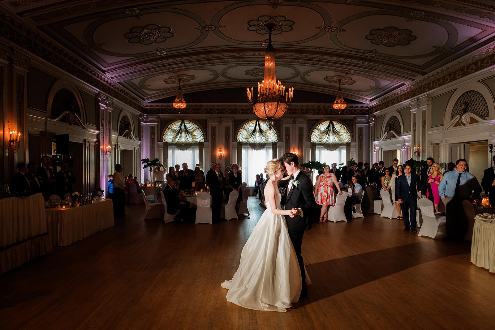 First dance in the Greysolon Plaza ballroom — chandeliers and ornate ceiling — Tim Larsen Photography, Brainerd Lakes MN